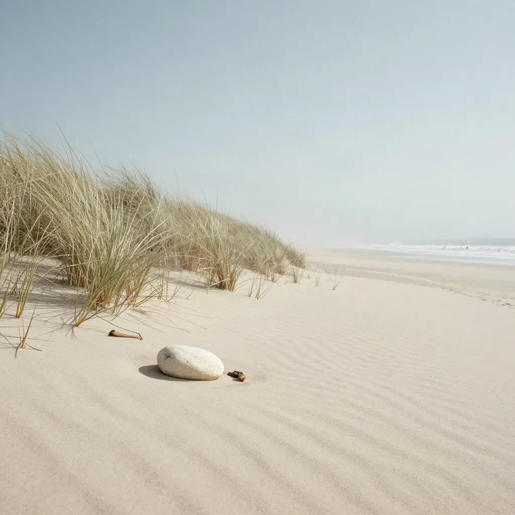 Coastal dune with pale grasses, smooth stone, and driftwood above calm open sand.