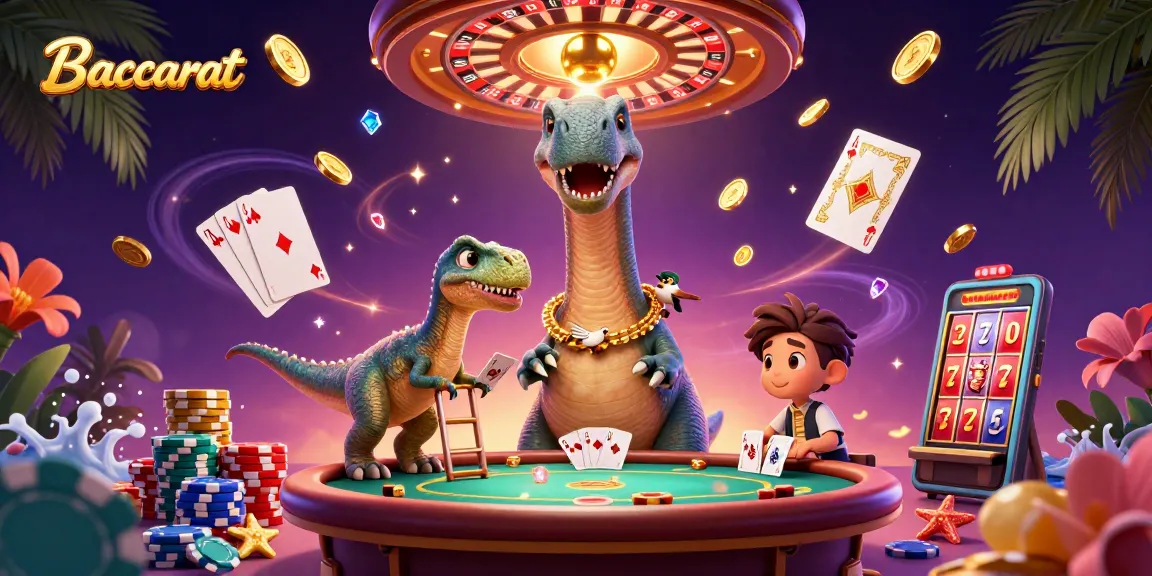Baccarat card game animated scene with a dinosaur dealer and gold coins flying.