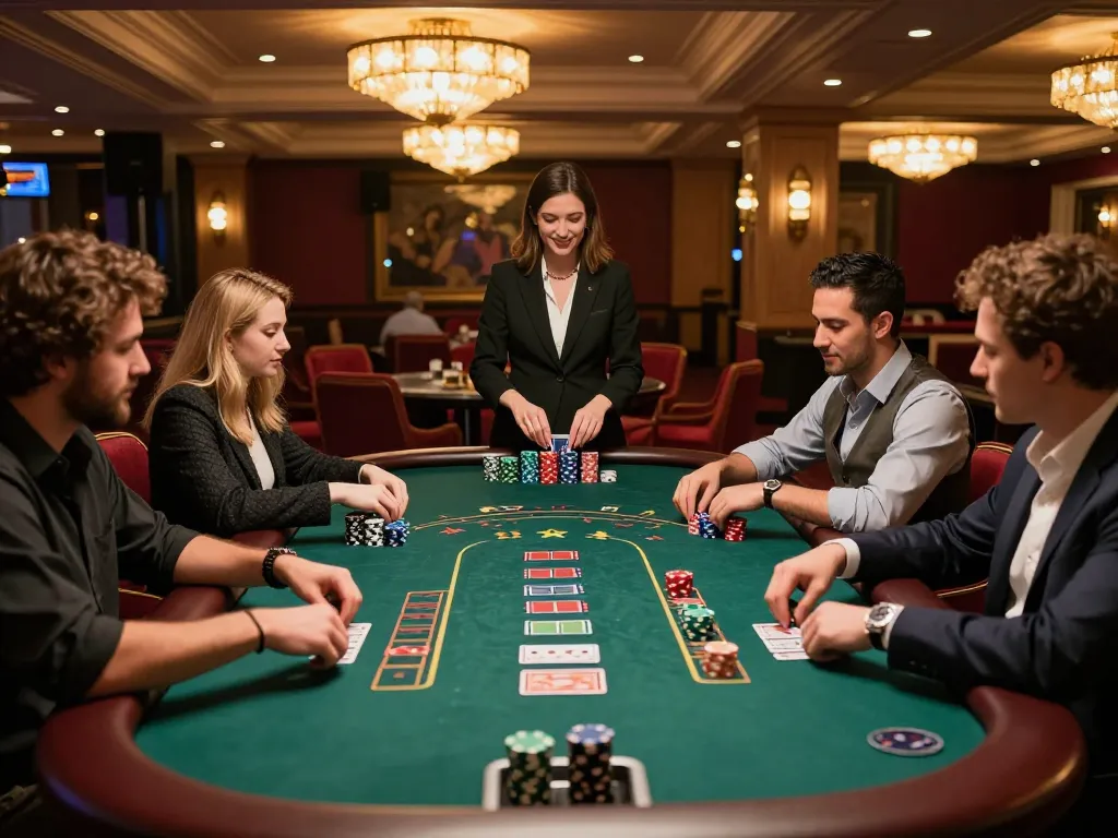 Engaged players enjoying casino non aams per italiani at blackjack table in luxurious setting
