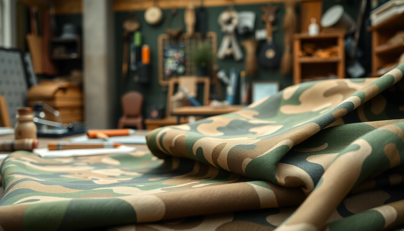 Creëren met army print katoen in een stijlvolle werkruimte met creatieve gereedschappen.