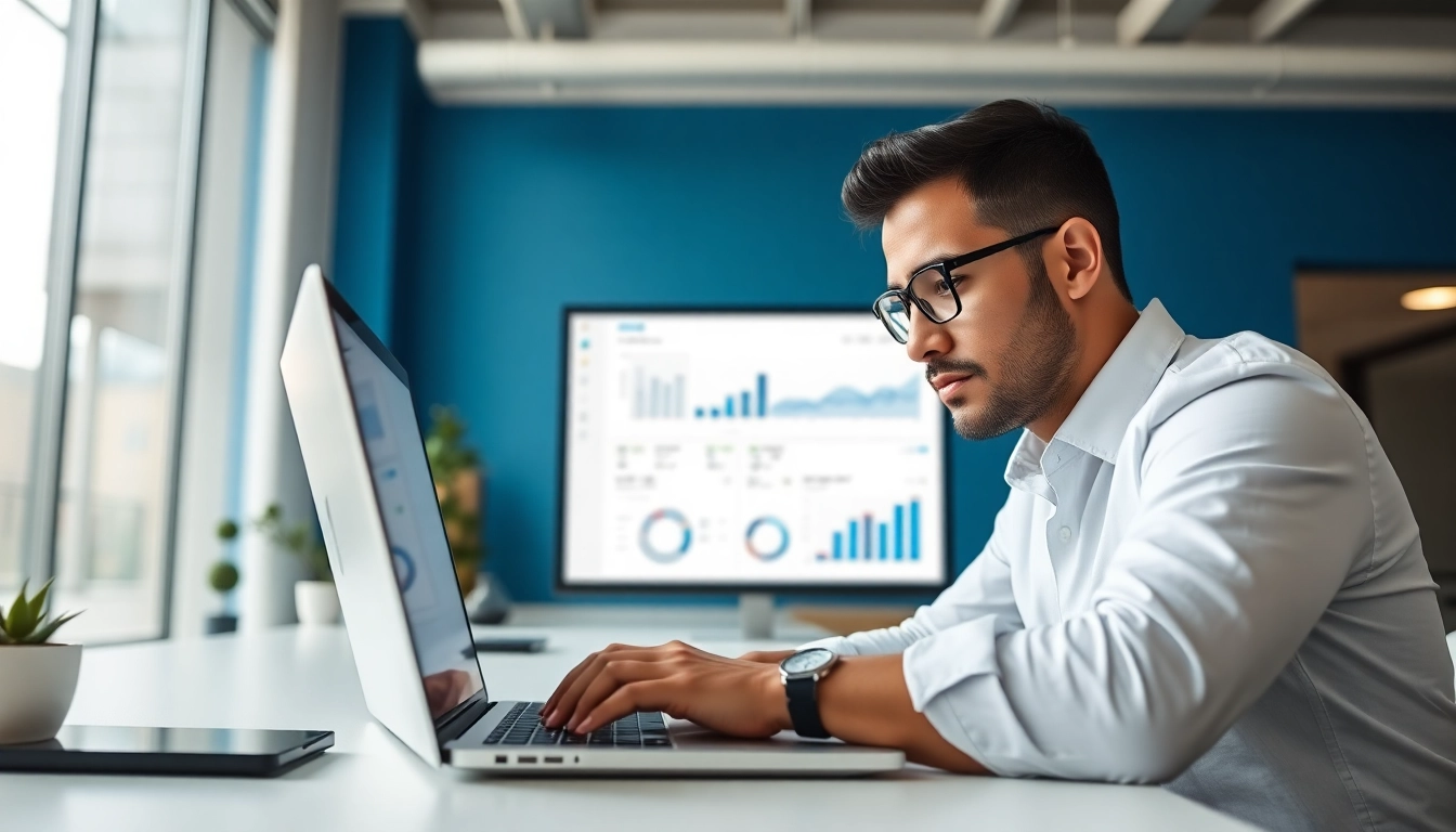 Chăm sóc website services depicted through a digital marketing expert analyzing website performance metrics.