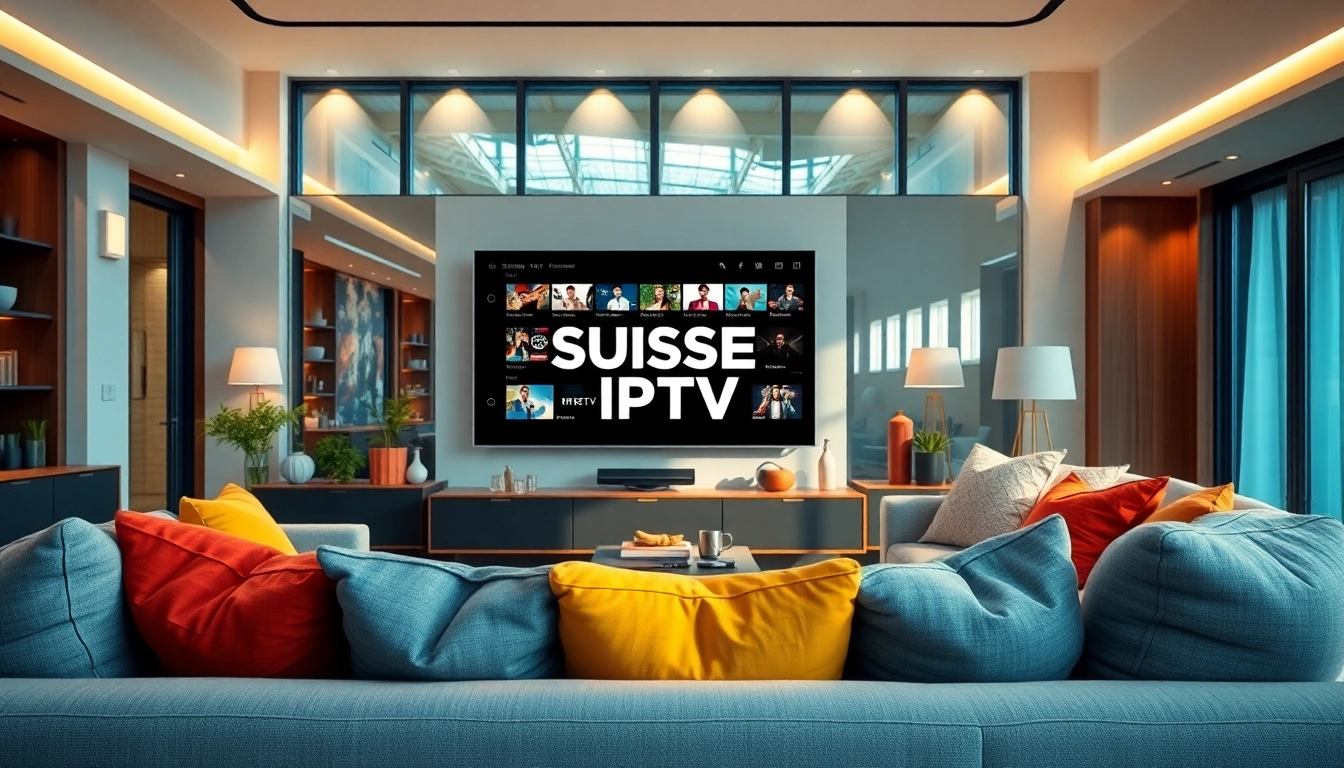 Experience a vibrant living room showcasing Suisse IPTV streaming on a modern flat-screen TV.