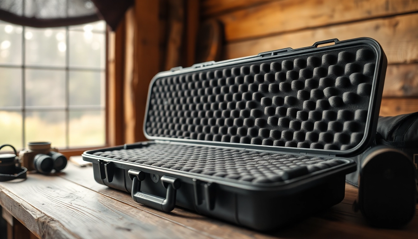 Custom foam for rifle case showcased with outdoor gear, emphasizing quality and protection.