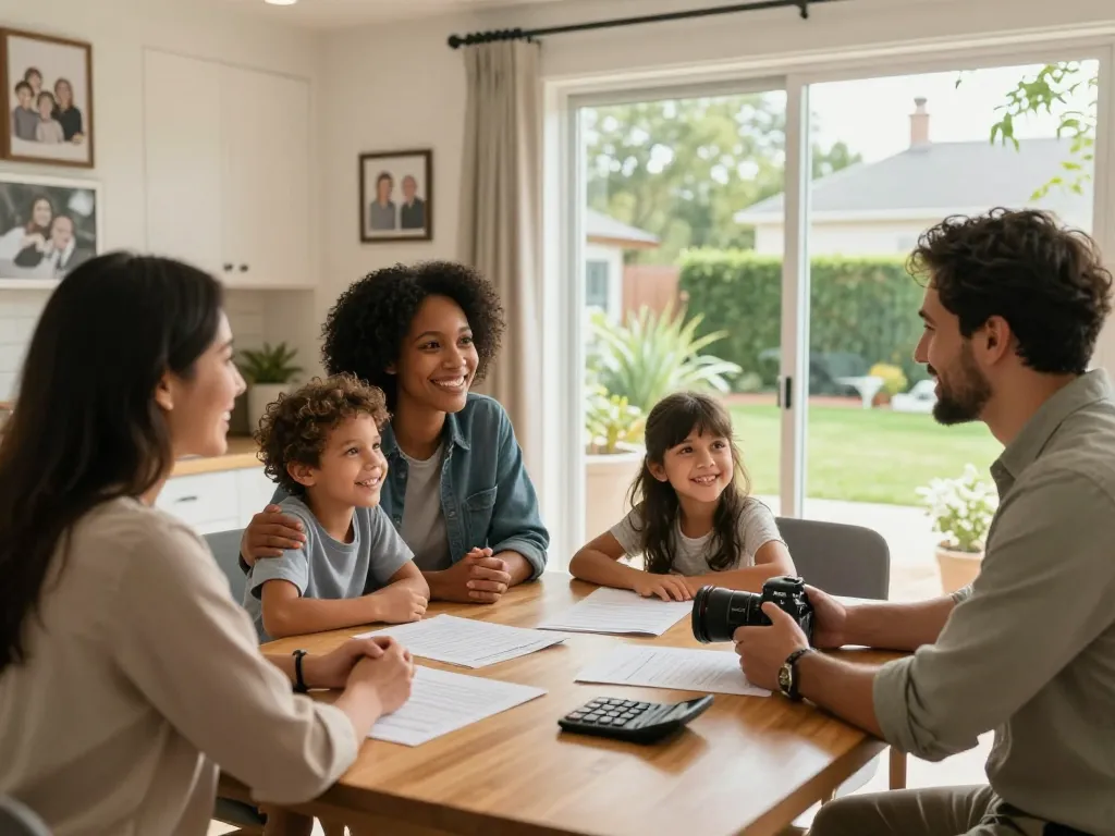 We buy houses transaction in a warm family kitchen setting with joyful sellers and a cash buyer discussing details.
