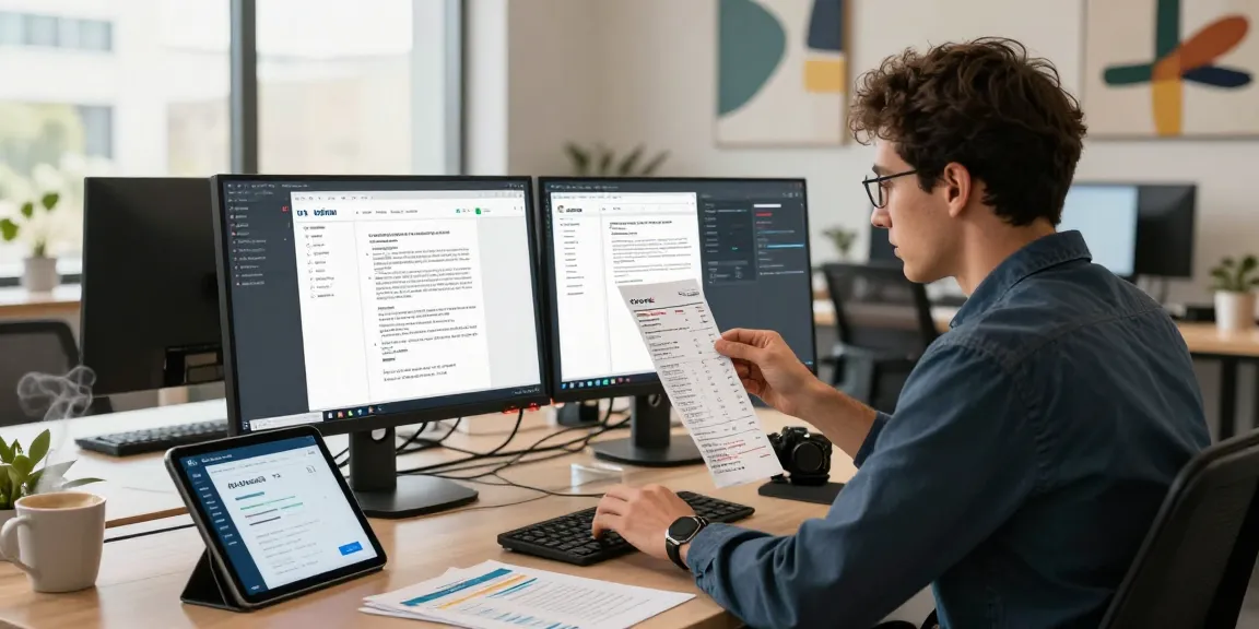 Analyze digital receipts to detect fake receipt discrepancies with advanced AI in a modern office.