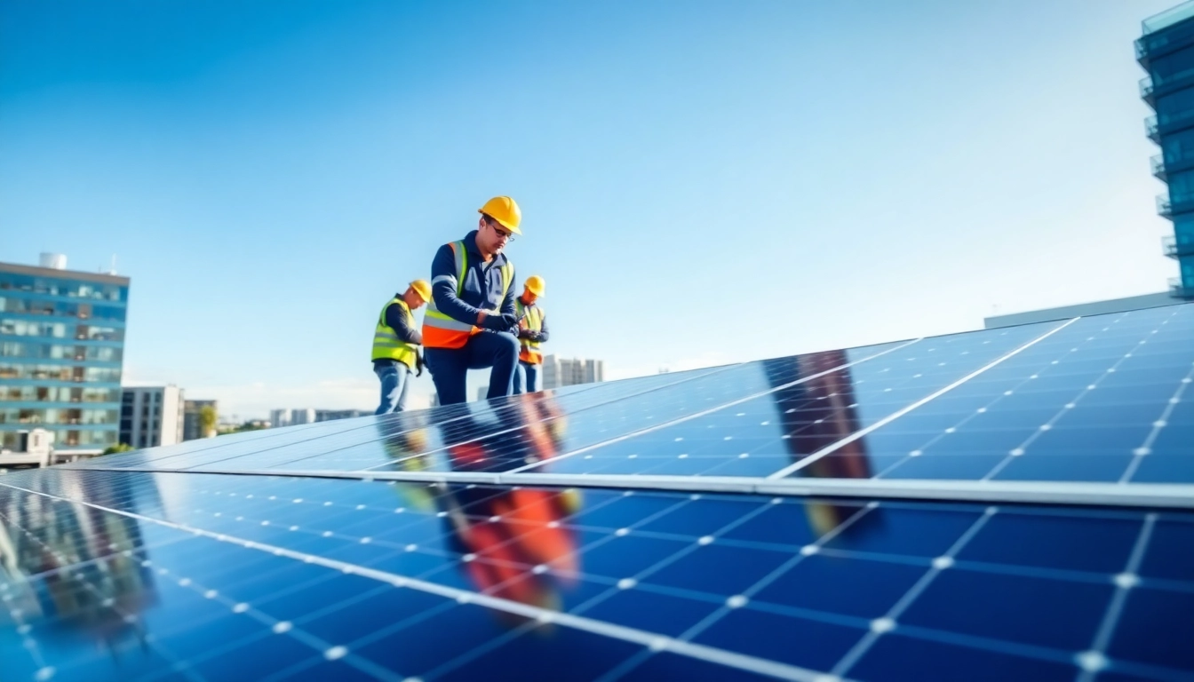 Commercial solar panels Nottingham installation team working on a rooftop in Nottingham's urban landscape.
