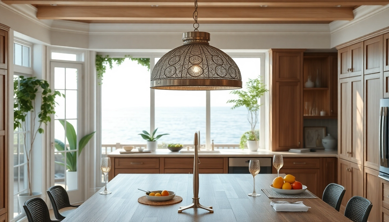 Illuminate your kitchen with exquisite island lighting that enhances coastal charm and elegance.