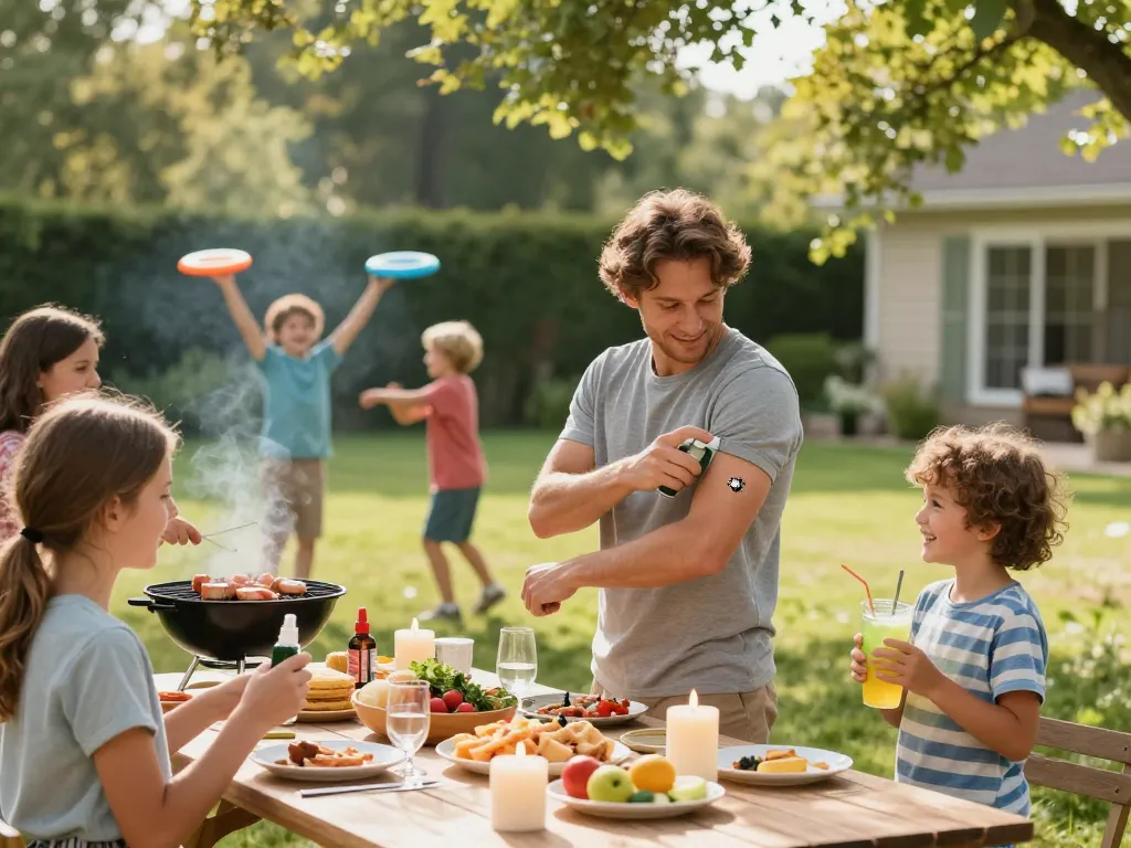 Family enjoying a barbecue outside with mosquito repellent protecting them from bugs.