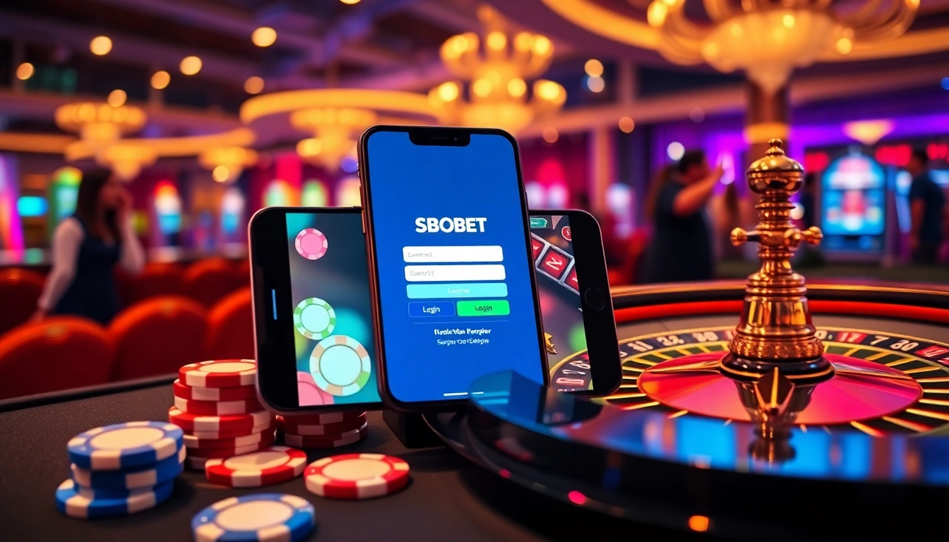 SBOBET login screen on a smartphone surrounded by vibrant casino elements like poker chips and roulette wheel.