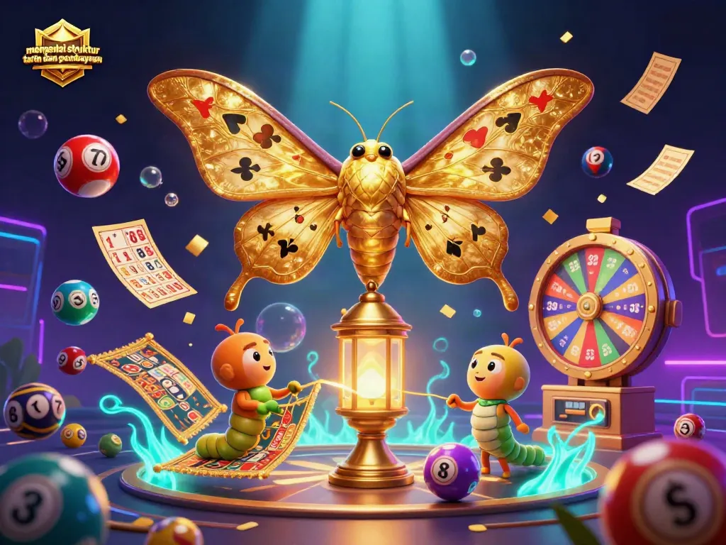 Mengenal struktur taruhan dan pembayaran dengan ilustrasi kasino yang kaya dan berwarna, termasuk elemen lotere dan bingo.