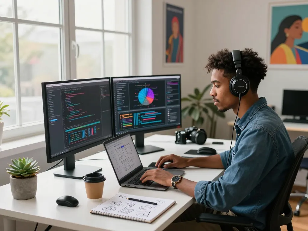 Innovative scene showing a diverse individual using an AI image to prompt generator in a modern workspace.