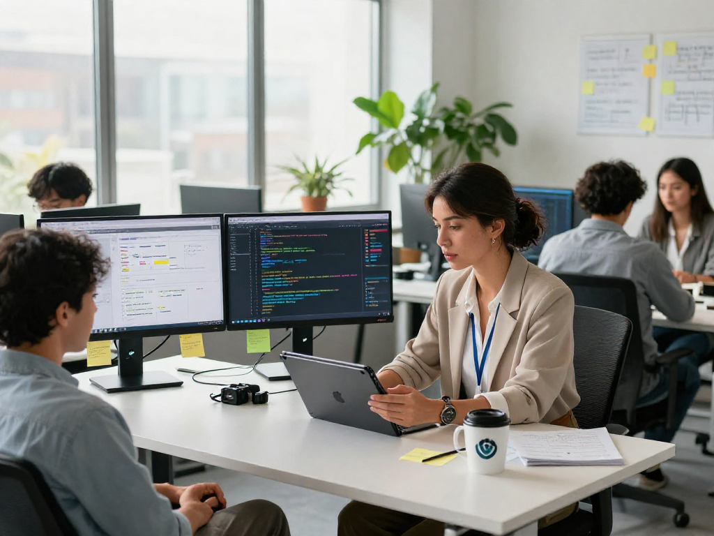 Collaboration scene of a tech entrepreneur and team discussing advancements in software development. Crushon project details displayed on monitors in a bright workspace.