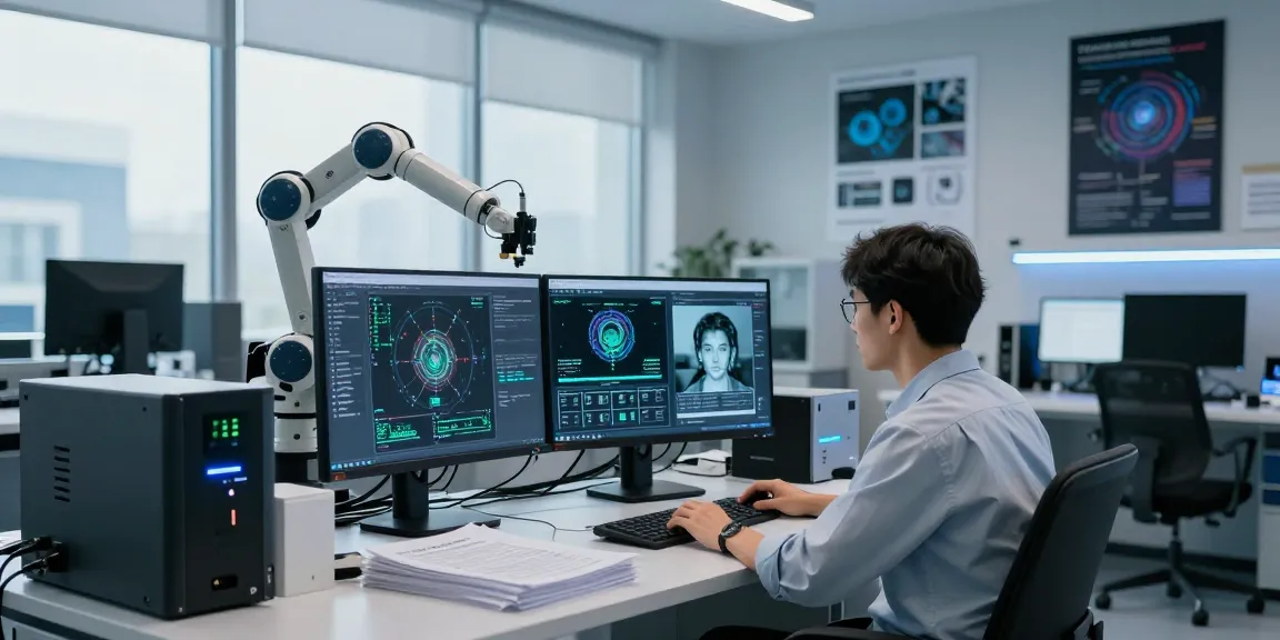 Detect AI image within a modern lab setting showcasing image analysis by a data scientist with cutting-edge technology.