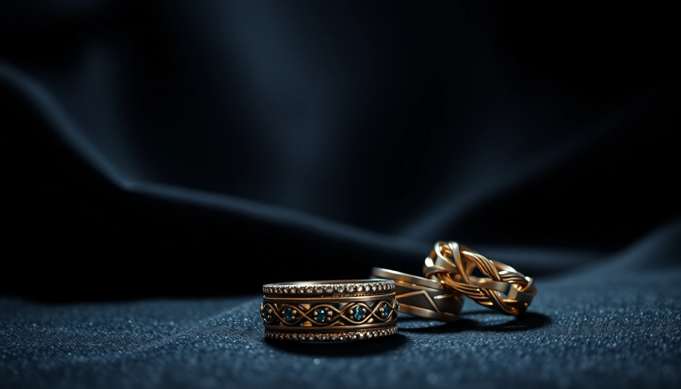 Showcase of exquisite men's jewelry featuring rings and bracelets, emphasizing unique designs.