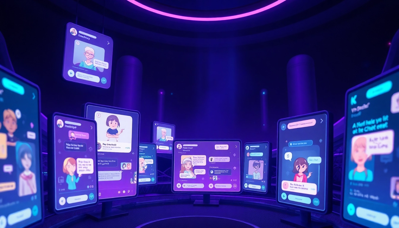 Explore engaging NSFW AI chatbots in a futuristic digital landscape with vibrant screens and interactive chats.