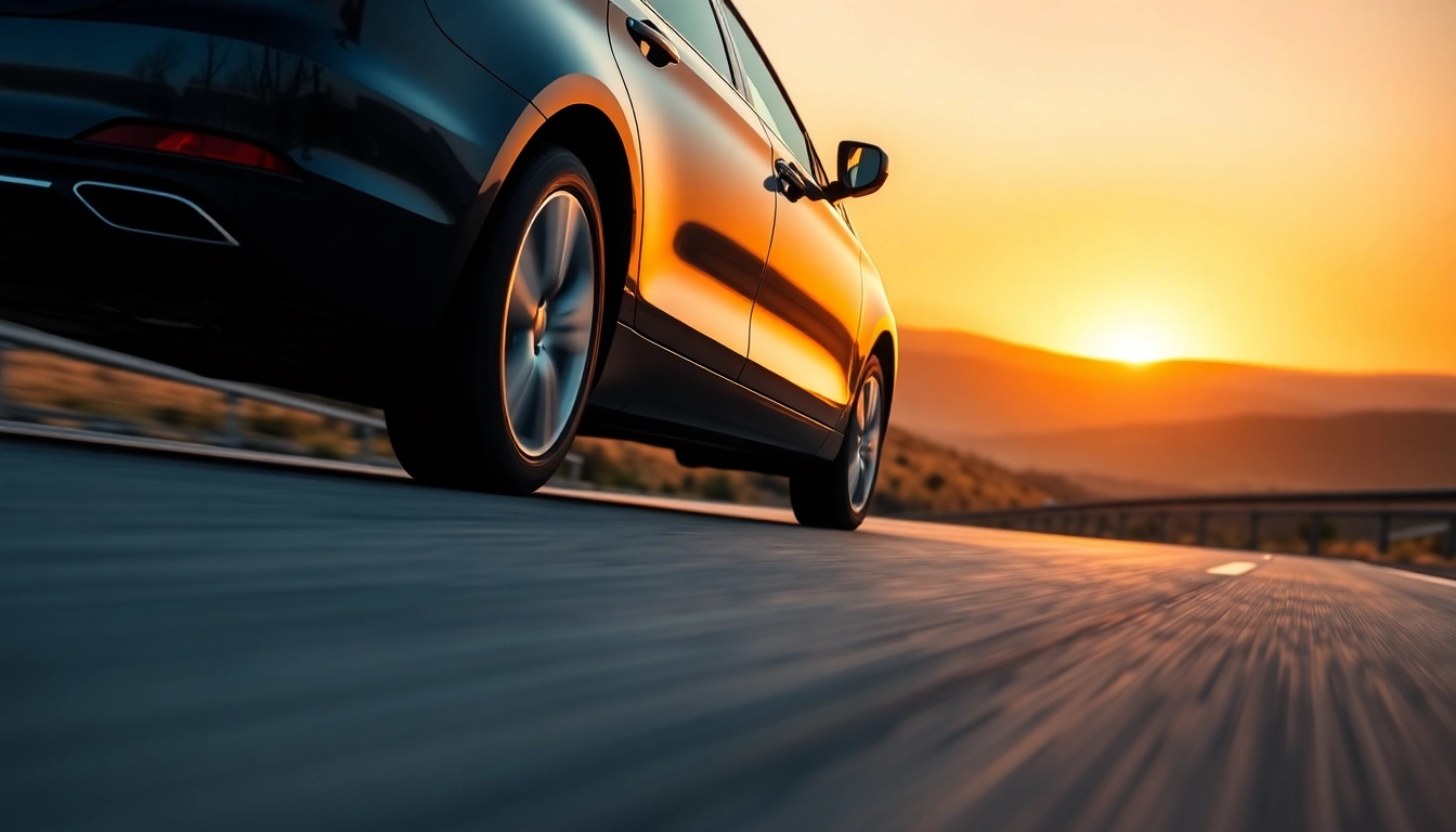 Long distance taxi transfers featuring a sleek vehicle on the highway during sunset.