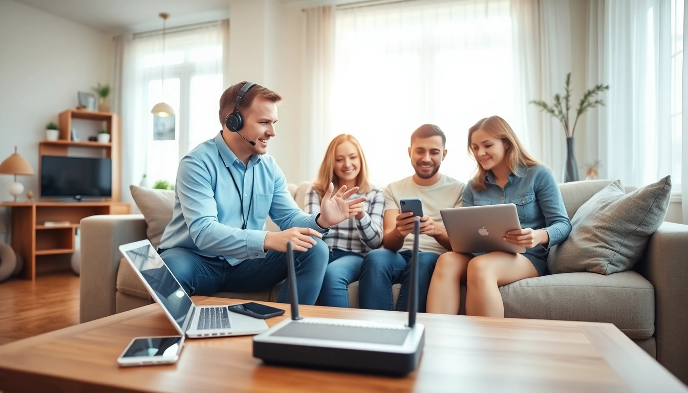 Residential IT support technician helping a family troubleshoot home technology.