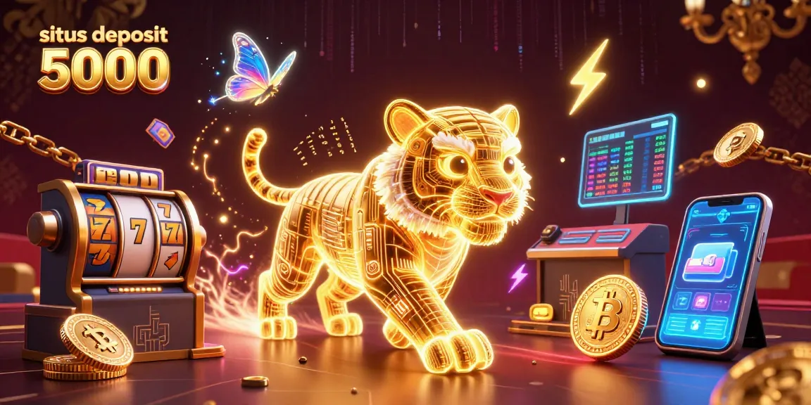 Win on situs deposit 5000 with vibrant slot reels and a glowing tiger in a dynamic casino landscape