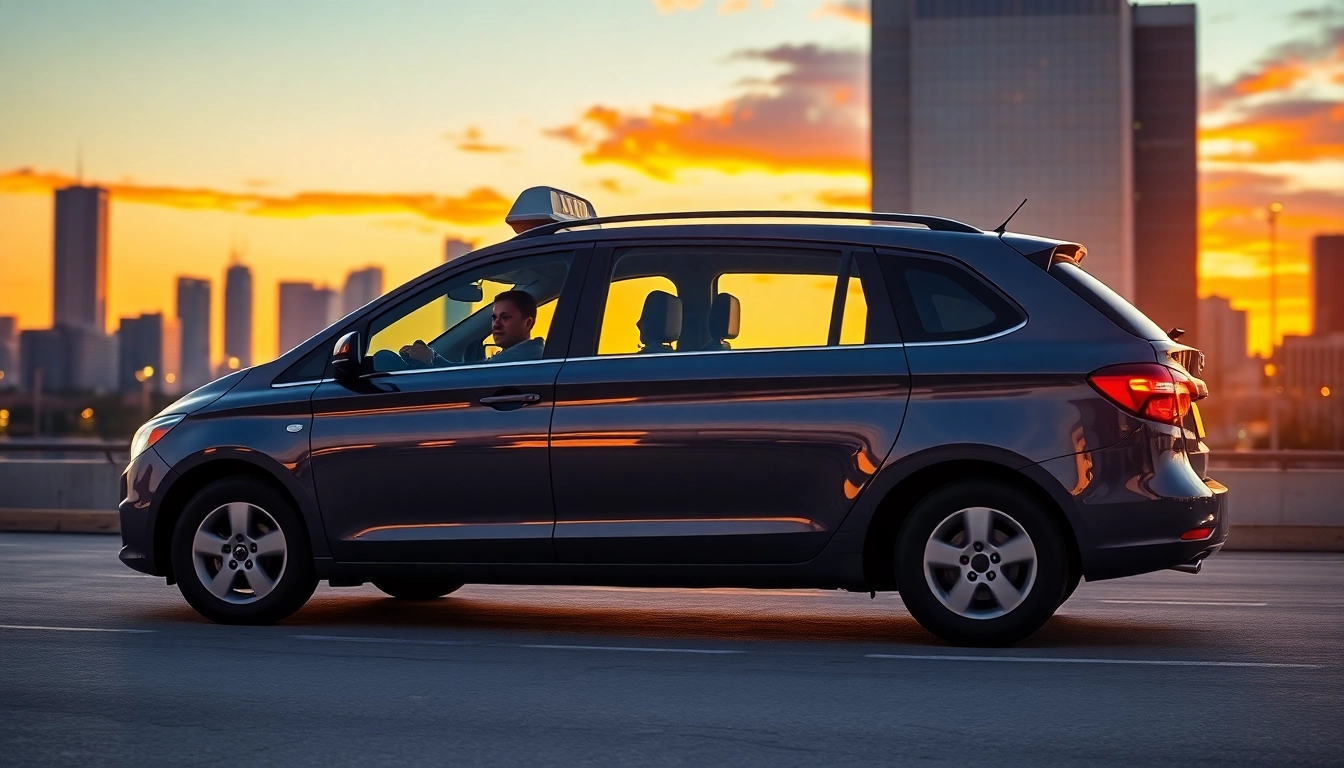 Experience long distance taxi transfers in a sleek vehicle against a city skyline at sunset.