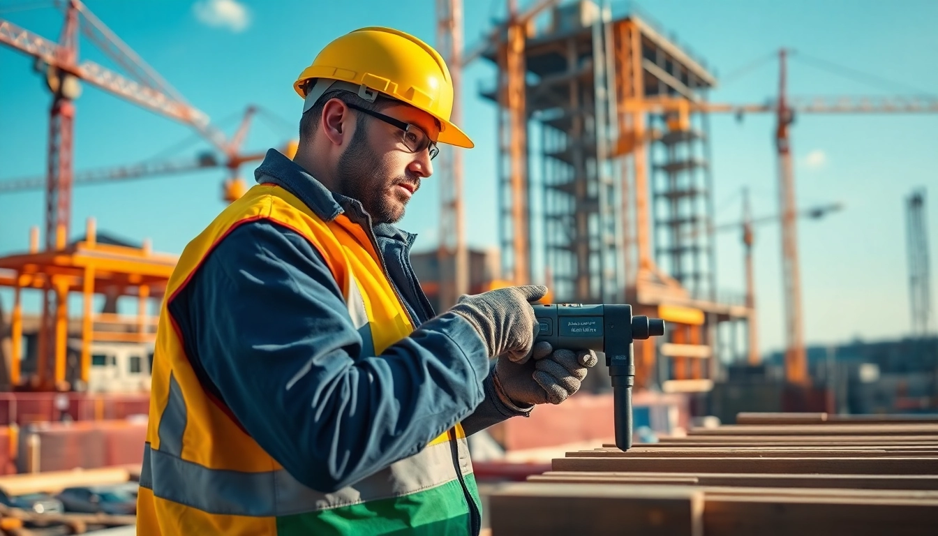 A construction career professional using power tools at a vibrant job site.