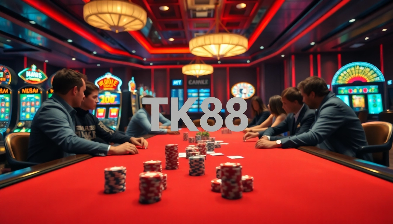 Engage in thrilling poker action at TK88 casino with vibrant chips and a luxurious atmosphere.