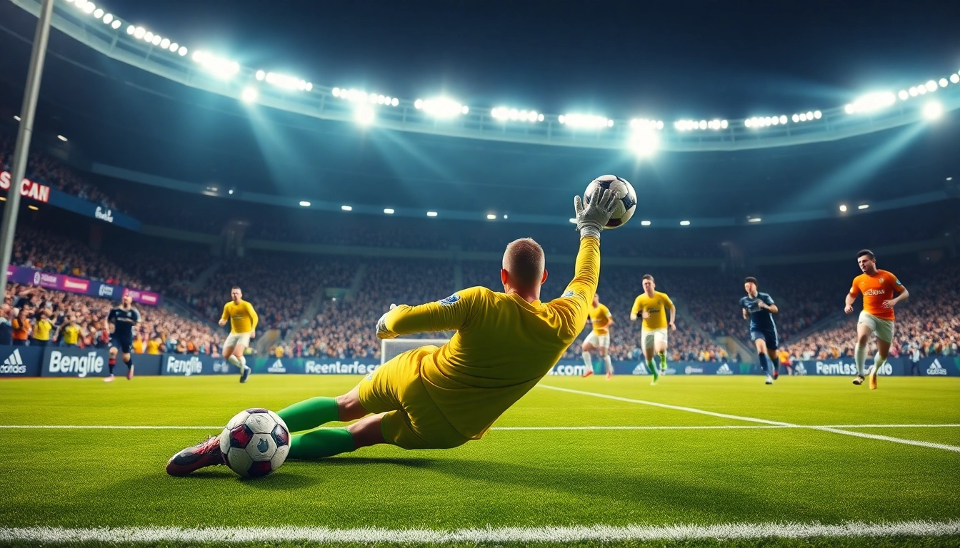Goalkeeper diving to save in an intense ผลบอลพรีเมียร์ลีก match, dynamic and energetic atmosphere.
