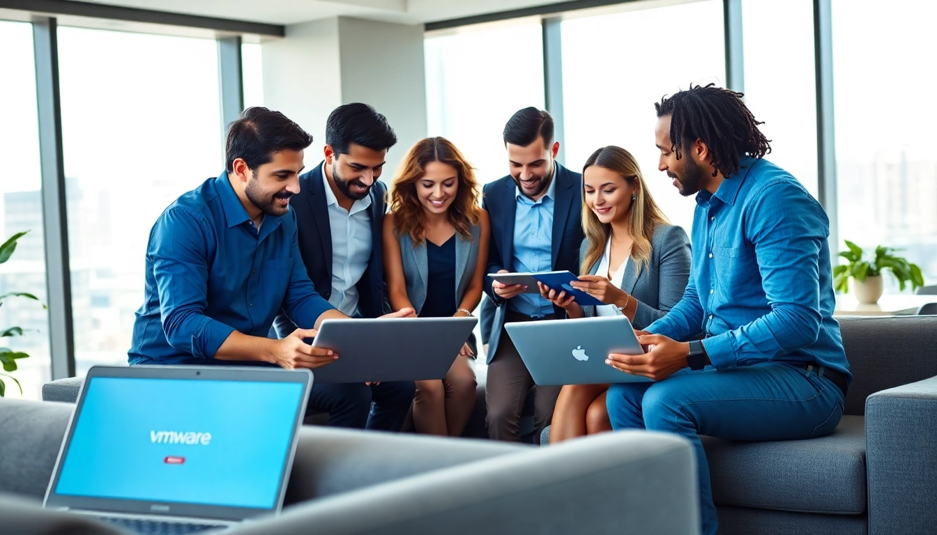 Engaged VMware Consulting team collaborating on solutions in a modern office environment.