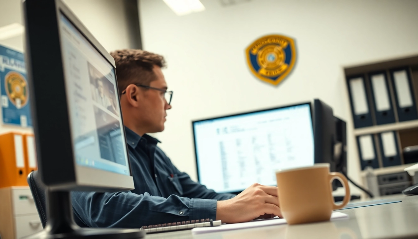 Conducting an Orange County Inmate search with a focused law enforcement officer in a modern office.