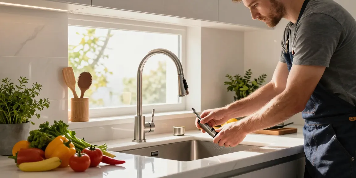 High-quality kitchen faucets being installed in a modern kitchen with fresh herbs and cooking tools.