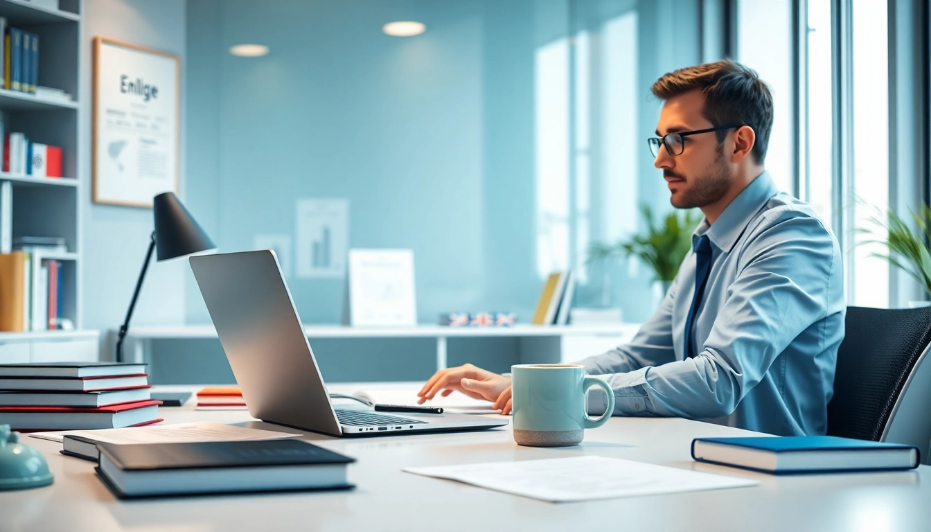 Traducteur certifié en ligne travaillant efficacement sur des documents dans un bureau moderne.