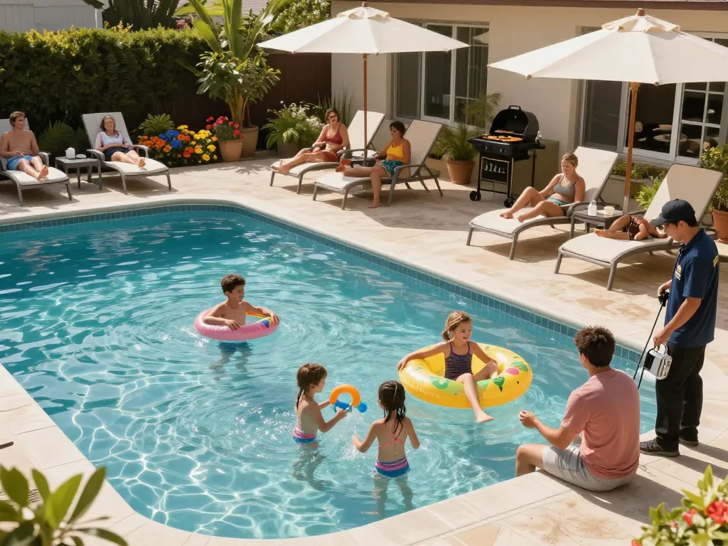 Dolphin Pool Services maintaining a sparkling backyard pool with family enjoying summer activities.