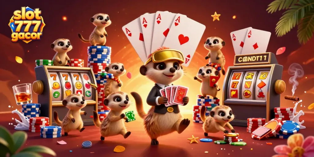 Slot 777 gacor menampilkan koloni meerkat bermain kasino dengan simbol buah dan jackpot penuh.