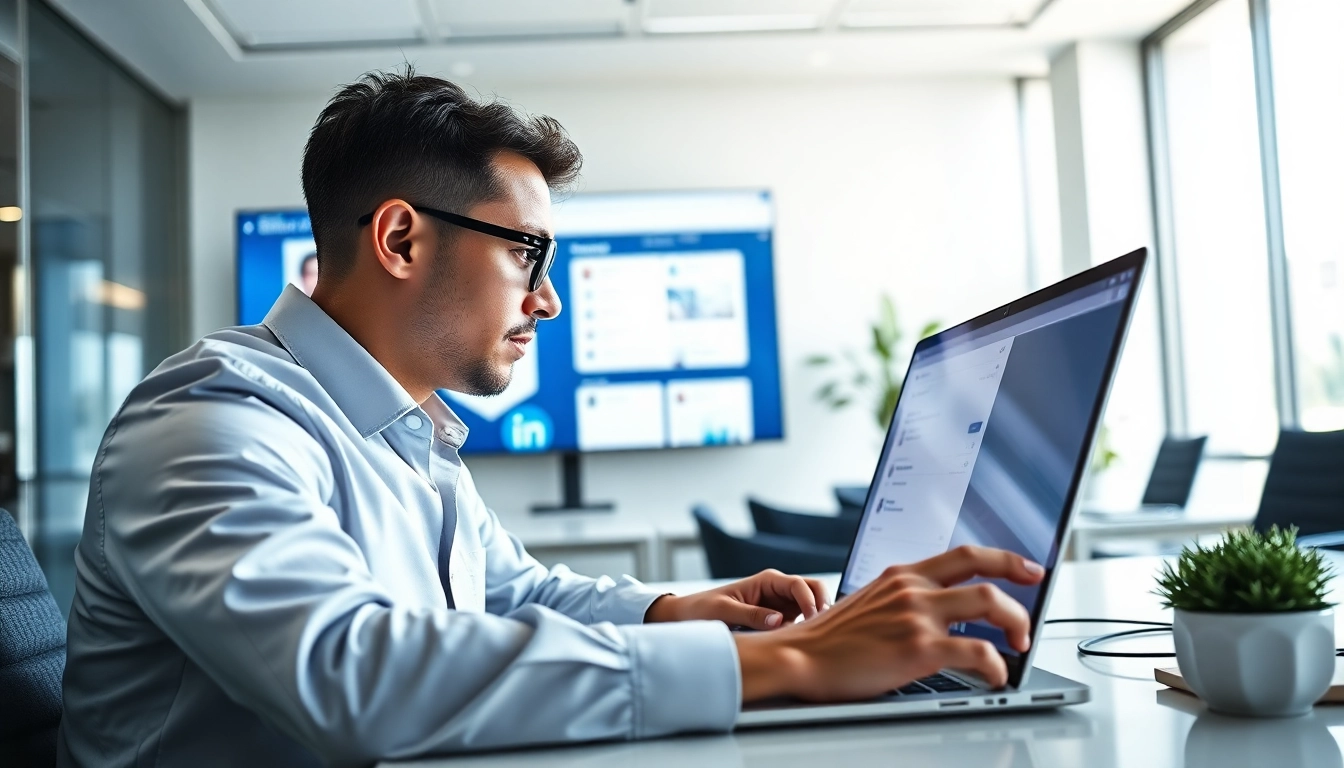 Efficient professional using linkedin email finder in a modern office environment.