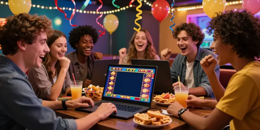 Teman-teman merayakan kemenangan bermain slot777 dengan suasana meriah dan penuh kebahagiaan.