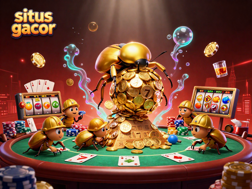 Engage in the action of situs slot gacor with a golden beetle rolling a coin ball amidst vibrant slots and poker elements.
