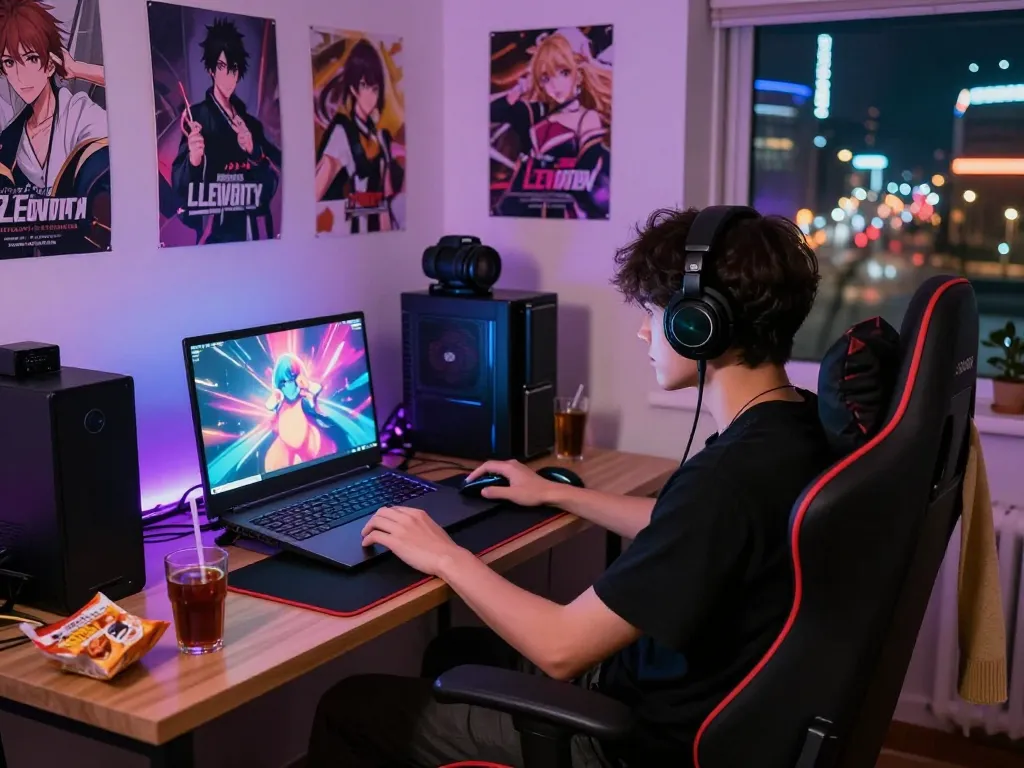 Young adult playing Degrees of Lewdity in a cozy gaming space with vibrant visuals.
