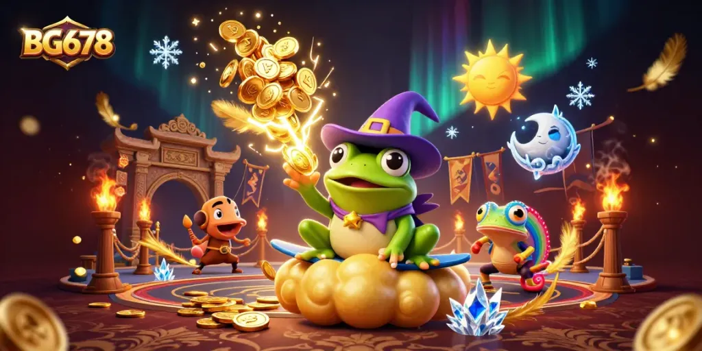 Join the excitement of BG678 with a wizard frog and chameleon in a vibrant casino scene.