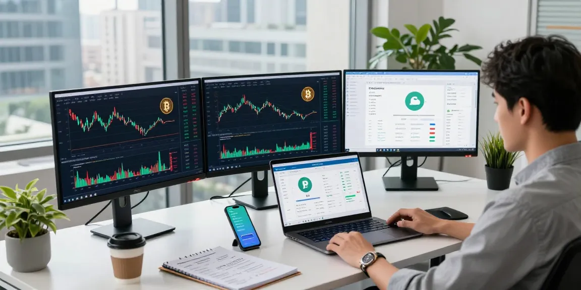 Profitable cloud mining platform displayed on a trader's laptop among cryptocurrency charts and monitors in a modern office.
