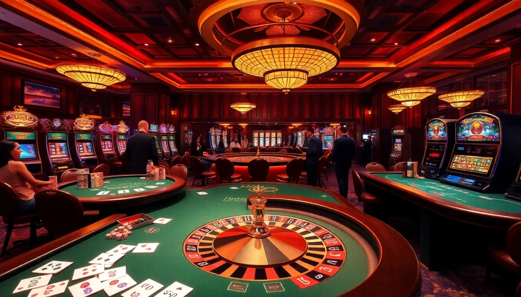 A stunning casino scene depicting various games including cards, dice, and slot machines inspired by KJC AC 3.
