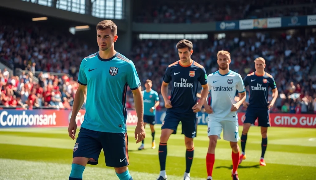Showcasing a soccer team kit during training with players in action and vibrant colors.