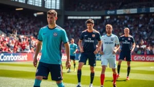 Showcasing a soccer team kit during training with players in action and vibrant colors.