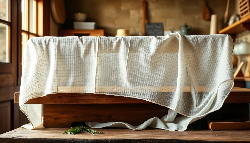 Kaasdoek voorzichtig neergelegd met een antiek kaasvorm en kruiden op een houten tafel.