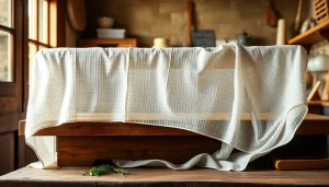 Kaasdoek voorzichtig neergelegd met een antiek kaasvorm en kruiden op een houten tafel.