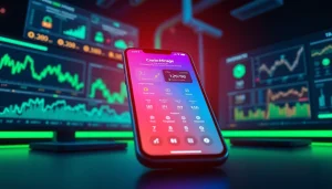 Crypto mining app displayed on a smartphone alongside digital currency charts and statistics.