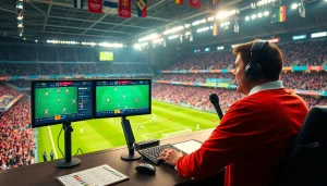 축구중계를 생동감 있게 전달하는 방송 세트의 모습, 관중이 열광하는 경기장 배경.