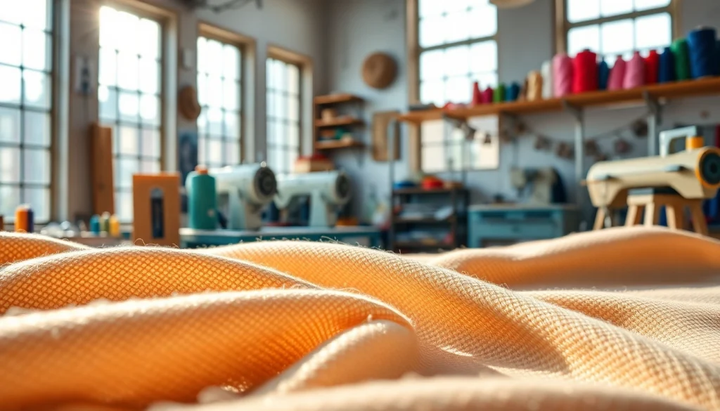 Katoen stof in een levendige naaiatelier met kleurrijke garen.