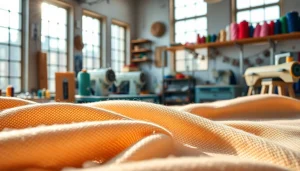 Katoen stof in een levendige naaiatelier met kleurrijke garen.