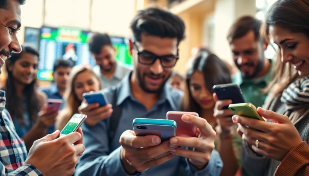 Engaged users explore sports betting apps India on their smartphones in an energetic environment.