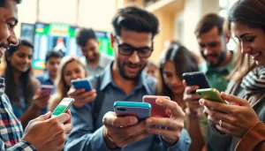 Engaged users explore sports betting apps India on their smartphones in an energetic environment.