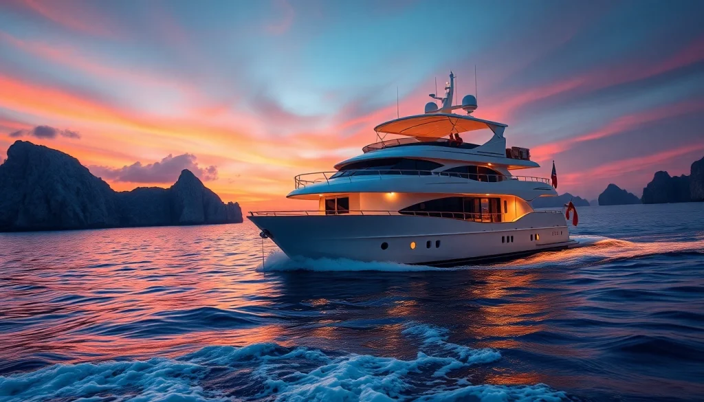 Experience magical Cabo sunset cruise deals with a luxury yacht against a stunning sunset backdrop.